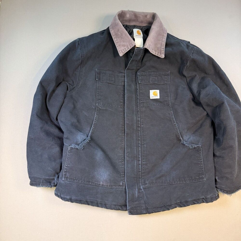 Vintage Carhartt Quilt Lined Chore Coat Sz XL Black Distressed 80s/90s USA Made